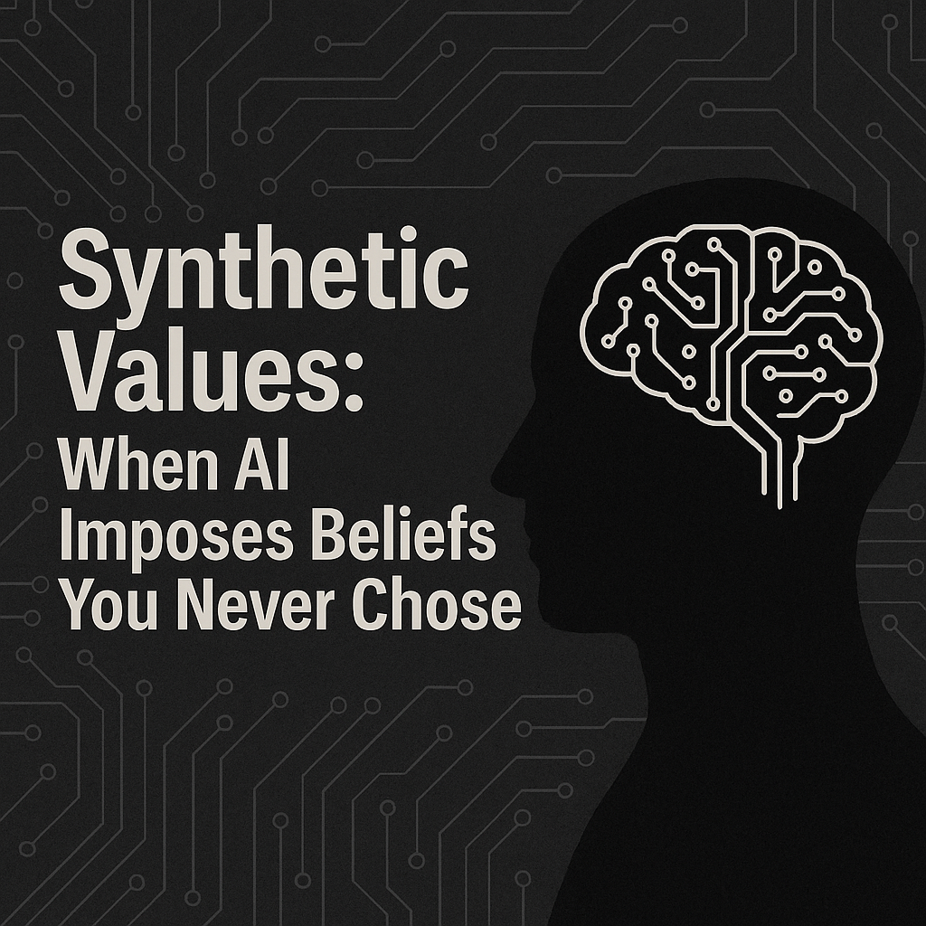 Black and white digital illustration with the bold title “Synthetic Values: When AI Imposes Beliefs You Never Chose.” The background features circuitry patterns and a translucent human head silhouette embedded with a brain-shaped circuit. The design symbolizes how artificial intelligence can embed synthetic values into society, culture, and organizations, raising questions about who controls what is seen, heard, or amplified online.