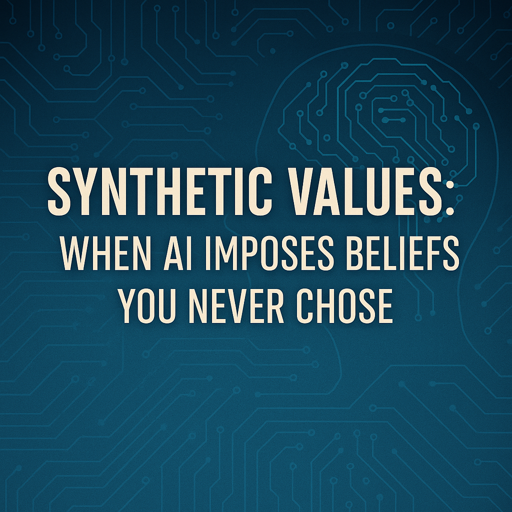 Digital graphic design featuring the title “Synthetic Values: When AI Imposes Beliefs You Never Chose” in bold, off-white text centered on a blue background with subtle circuit board patterns. A transparent human head silhouette on the right contains a brain-shaped circuit design, symbolizing the intersection of AI and human values.